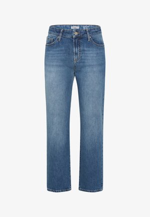 Jeans en denim bleu moyen à jambes droites avec cinq poches, bouton avant et fermeture éclair, présentant une légère décoloration aux cuisses et aux genoux.