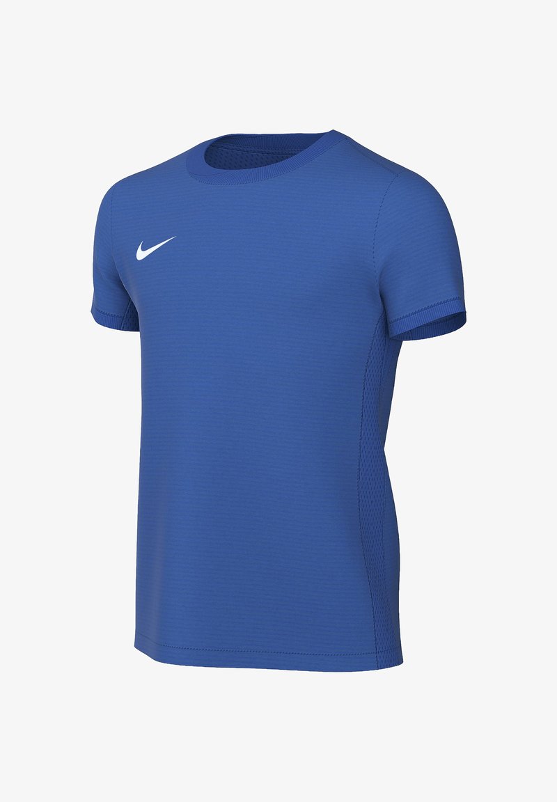 T-shirt sportiva Nike a maniche corte di colore blu con logo swoosh bianco sul petto, tessuto traspirante e testurizzato, e collo rotondo.