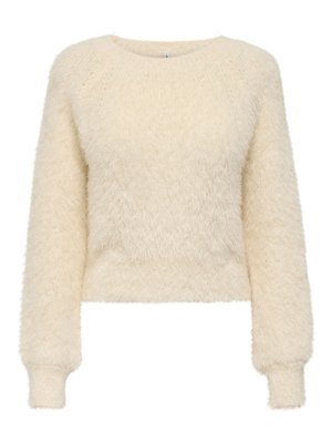 Cream-colored sweater made of fluffy material, featuring a round neckline, long raglan sleeves, and a cropped design with ribbed cuffs.