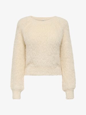Cream-colored sweater made of fluffy material, featuring a round neckline, long raglan sleeves, and a cropped design with ribbed cuffs.