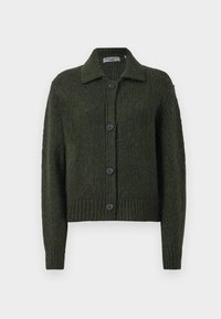 Cardigan tricotat verde închis, cu guler, închidere cu nasturi, tiv ribbat și mâneci lungi. Material texturat cu șase nasturi negri.