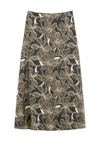 Jupe midi florale en vert foncé avec des motifs de fleurs crème et beige. Présente un design évasé et une texture lisse.