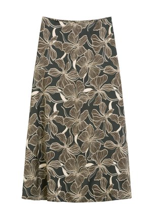 Gonna midi floreale verde scuro con motivi di fiori crema e beige. Presenta un design svasato e una consistenza liscia.