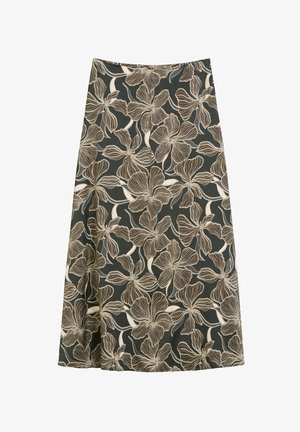 Bloemrijke midi-rok in donkergroen met crèmekleurige en beige bloemenpatronen. Beschikt over een uitlopende pasvorm en een gladde textuur.