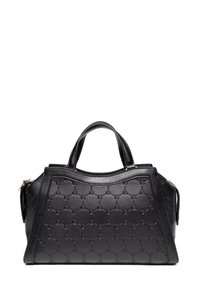 Borsa a mano in pelle nera con un esterno decorato che presenta cerchi interconnessi in rilievo. Manici superiori arrotondati e dettagli in oro.