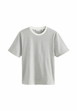 Randig T-shirt i ljusgrått och vitt med korta ärmar, rund halsringning och mjuk textur. Har växelvis horisontella ränder.