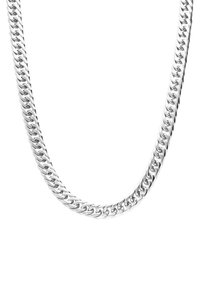 Zilveren metalen ketting met dikke, in elkaar grijpende schakels, met een gepolijste oppervlakte en een uniforme, licht gebogen vorm.
