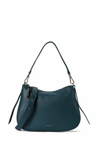 Borsa a spalla in pelle turchese con una forma curva, tracolla regolabile, minuteria dorata e finitura testurizzata. Presenta una chiusura con zip e dettaglio logo.