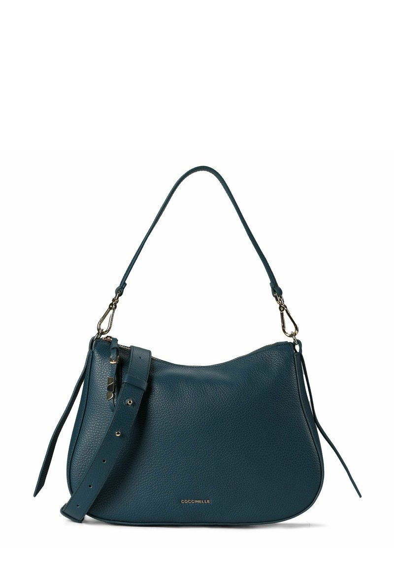 Borsa a spalla in pelle turchese con una forma curva, tracolla regolabile, minuteria dorata e finitura testurizzata. Presenta una chiusura con zip e dettaglio logo.