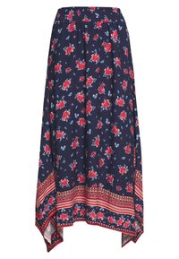 Jupe fleurie bleu marine avec des roses rouges et des feuilles bleu sarcelle, taille élastique, ourlet asymétrique, bordure à motif complexe à la base.