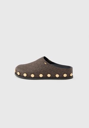 Brown patterned clog with a smooth texture, featuring gold studs along the side and a rounded toe. Black rubber sole provides contrast.