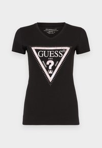 T-shirt nera in cotone con scollo a V e maniche corte, caratterizzata da un logo triangolare rosa e bianco con dettagli di strass.