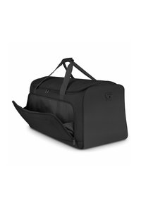 Zwarte sporttas met twee bovenhandvaten, rechthoekige vorm, ritssluiting en een voorkantzak. Gemaakt van duurzaam materiaal met een gladde textuur.