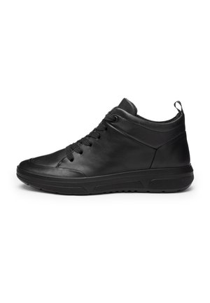 Black leather high-top sneaker with laces, textured rubber sole, and pull tab at heel, shown in side profile on white background.