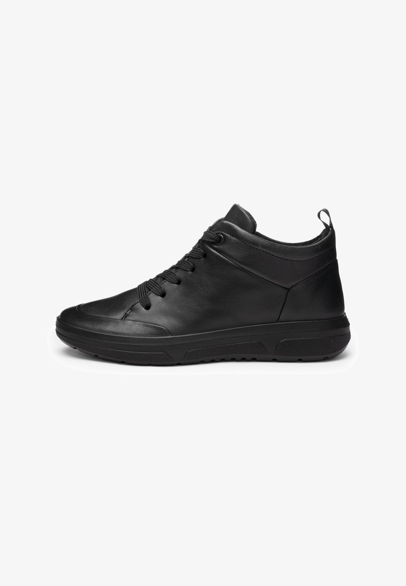 Black leather high-top sneaker with laces, textured rubber sole, and pull tab at heel, shown in side profile on white background.