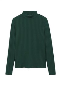 Dunkelgrünes, geripptes Langarm-Turtleneck-Oberteil mit figurbetontem Schnitt; weiche Textur; verfügt über einen hohen Kragen und einen geraden Saum.