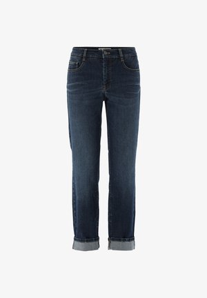 Jeans di denim blu scuro con taglio a gamba dritta, cinque tasche e risvolti arrotolati. Realizzati in cotone con leggero effetto sbiadito sulle cosce.