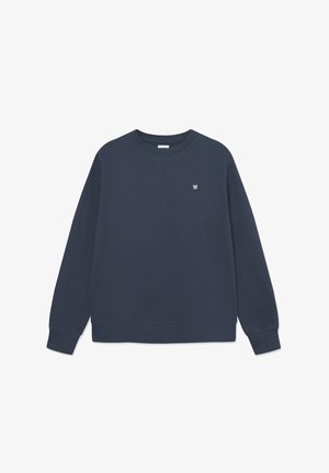 Felpa blu navy con colletto a coste, maniche lunghe e un piccolo logo sul petto. Realizzata in un morbido tessuto misto cotone, con taglio casual.