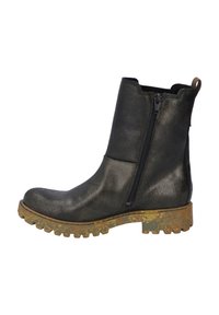 Black leather ankle boots with a side zipper, textured finish, and a rugged, speckled sole. Height is mid-calf with a pull-tab at the back.