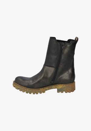 Black leather ankle boots with a side zipper, textured finish, and a rugged, speckled sole. Height is mid-calf with a pull-tab at the back.
