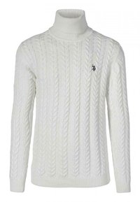 Pullover a collo alto in maglia cable-knit bianca con motivo testurizzato, polsini e orlo a coste, caratterizzato da un piccolo emblema ricamato sul petto.