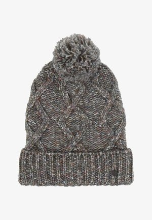 Pletená čepice v smíšených šedých odstínech s texturovaným diamantovým vzorem, s svátečním lemem a huňatou bambulí na vrcholu.