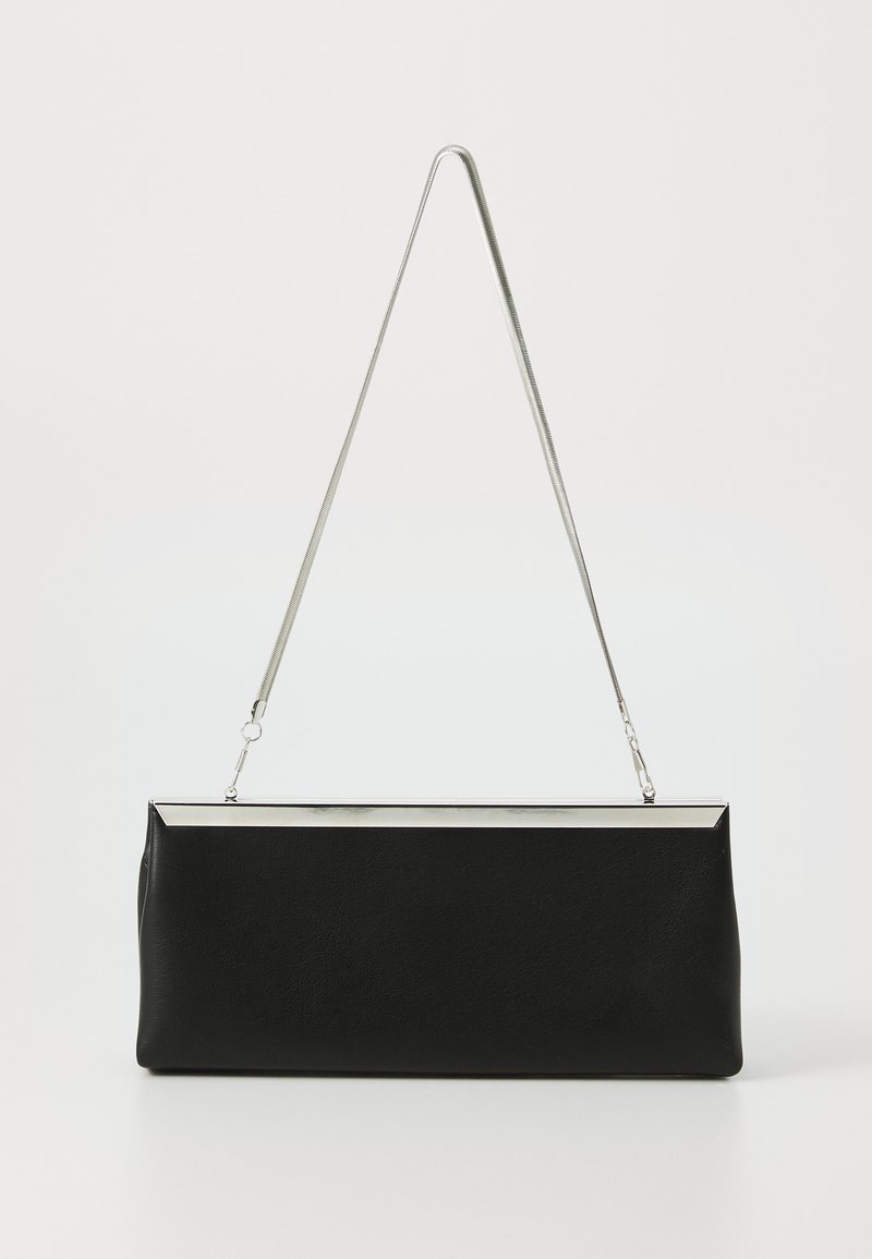 Black leather clutch bag with a silver metal chain handle and a sleek rectangular shape. Matte texture and minimalistic design with a metallic accent.
