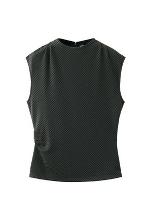 Haut sans manches gris foncé texturé avec col rond et fronces sur les côtés, présenté sur fond blanc.