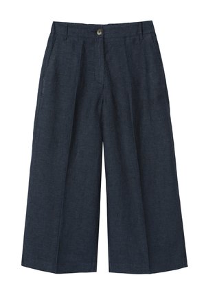 Mørkeblå vidde bukser med afkortede ben, forreste læg, sidelommer, bæltestropper og enkelt knaplukning i taljen.