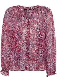 Kwiatowa bluzka zapinana na guziki, wykonana z przezroczystej, lekkiej tkaniny. Charakteryzuje się różowym, białym i niebieskim wzorem, marszczeniami przy dekolcie oraz ściągaczami na rękawach.