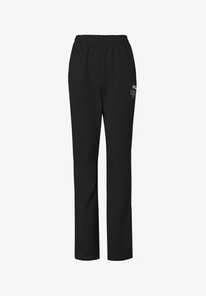 Schwarze Sporthosen mit elastischem Bund und geradem Bein-Design. Sie verfügen über ein kleines, farbenfrohes Logo im Bereich des linken Oberschenkels.