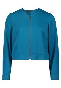 Teal cropped jacket with long sleeves, zip closure, and round neckline. Made from smooth fabric with minimal seams and no embellishments.