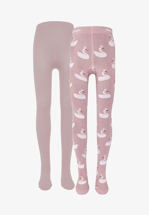 Jasnoróżowe rajstopy, jedna gładka, a druga z wzorem łabędzi, z białymi łabędziami w koronach i miękką, elastyczną teksturą.