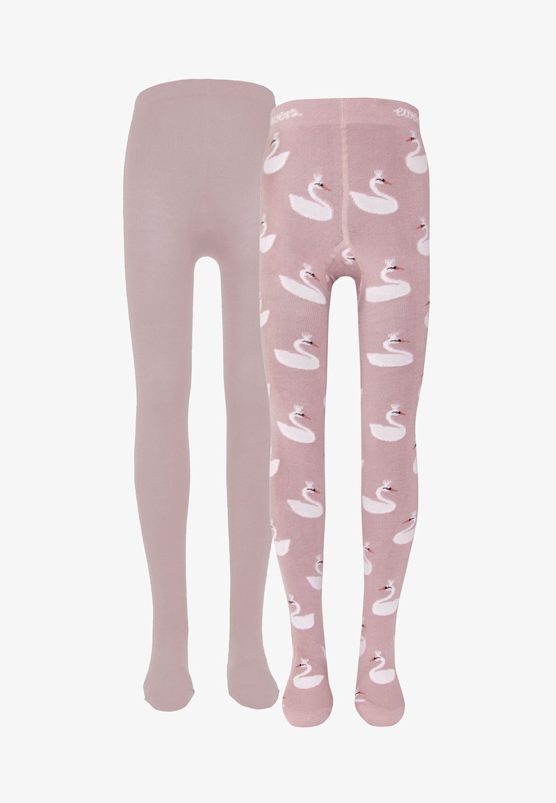 Jasnoróżowe rajstopy, jedna gładka, a druga z wzorem łabędzi, z białymi łabędziami w koronach i miękką, elastyczną teksturą.