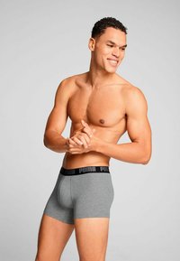 Gray boxer briefs with a black elastic waistband featuring the Puma logo, made from a stretchy fabric for comfort and a fitted design.
