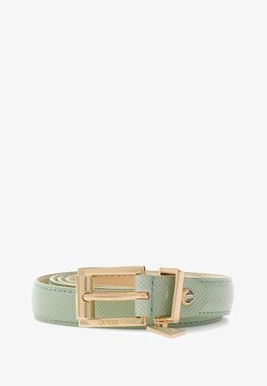 Ceinture en cuir texturé vert menthe avec une boucle carrée en ton or, arborant un accent de logo et une finition lisse au dos.