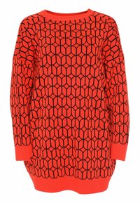 Pull à manches longues orange vif avec un motif géométrique hexagonal noir et des poignets et un ourlet côtelés.