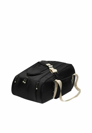 Sac de sport rectangulaire noir avec plusieurs compartiments zippés et une bandoulière beige sur fond blanc.