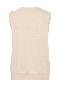 Pull beige sans manches avec un col rond et un ourlet côtelé. Texture douce, design épuré et apparence minimaliste.