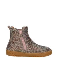 Leopardprint enkelboot van een gestructureerde stof, met een roze rits, elastische accenten en een rubberen bruine zool voor grip en duurzaamheid.