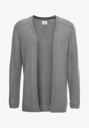 Lysegrå cardigan med åben front, lange ærmer, ribstrikkede manchetter og kant samt et struktureret strikkemønster. Ingen lukkemekanismer eller lommer.