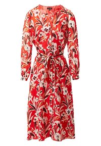 Robe fleurie rouge avec un devant à boutons, des manches longues et une ceinture en tissu. Le motif comprend de grandes fleurs blanches et noires avec des feuilles vertes.