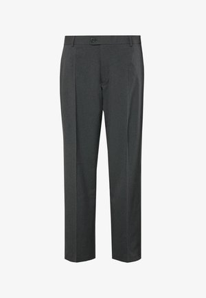 Pantaloni grigi su misura con design a gamba dritta, dotati di chiusura con bottone e una texture sottile. Adatti per occasioni formali o di lavoro.