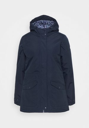 Veste imperméable marine avec capuche à cordon de serrage, poches avant et doublure intérieure fleurie. Comprend une fermeture éclair et des boutons-pression.