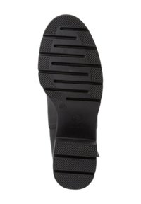 Suola in gomma nera con caratteristiche di grip testurizzato e scanalature orizzontali. Tacco arrotondato con bordo posteriore curvo, contrassegnato con la taglia 37.