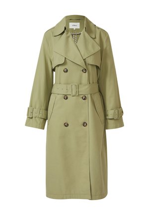 Trench-coat vert olive clair à double boutonnage avec larges revers, ceinture assortie, sangles aux poignets et poches latérales.