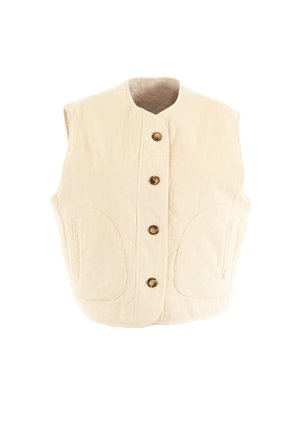 Chaleco de pana beige con escote redondo, cinco botones marrones y dos bolsillos frontales. Tejido texturizado con un corte entallado y diseño sin mangas.