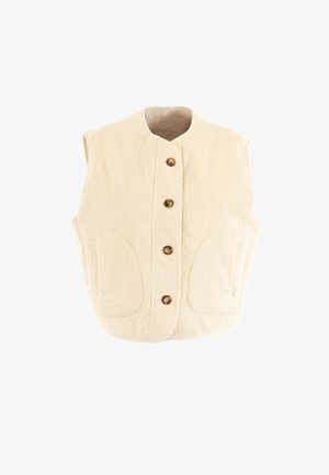 Gilet en velours côtelé beige avec un col rond, cinq boutons marron et deux poches avant. Tissu texturé avec une coupe ajustée et un design sans manches.