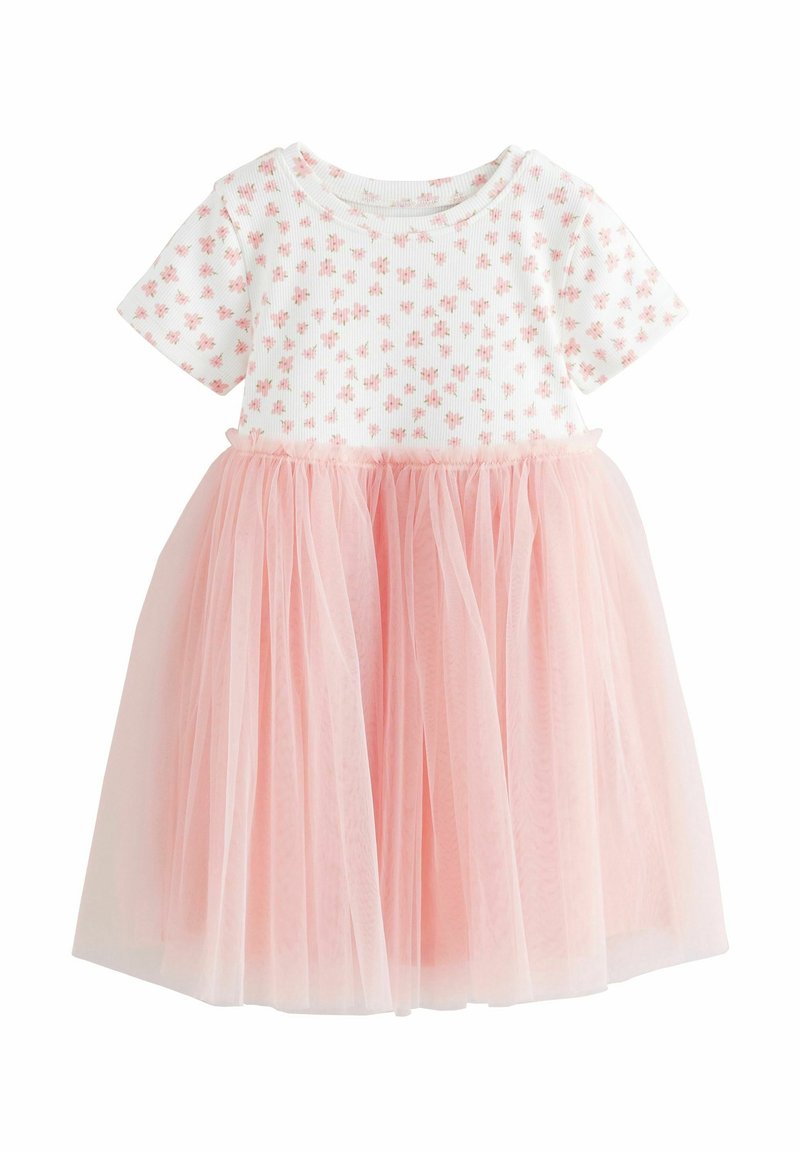 Robe à manches courtes avec un corsage à motif floral blanc et une jupe en tulle rose à plusieurs couches. Matériaux en coton doux et tulle transparent.