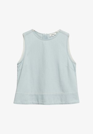 Top court sans manches en denim bleu clair avec col rond et coutures visibles, étiquette "s.Oliver" à l'arrière du col.